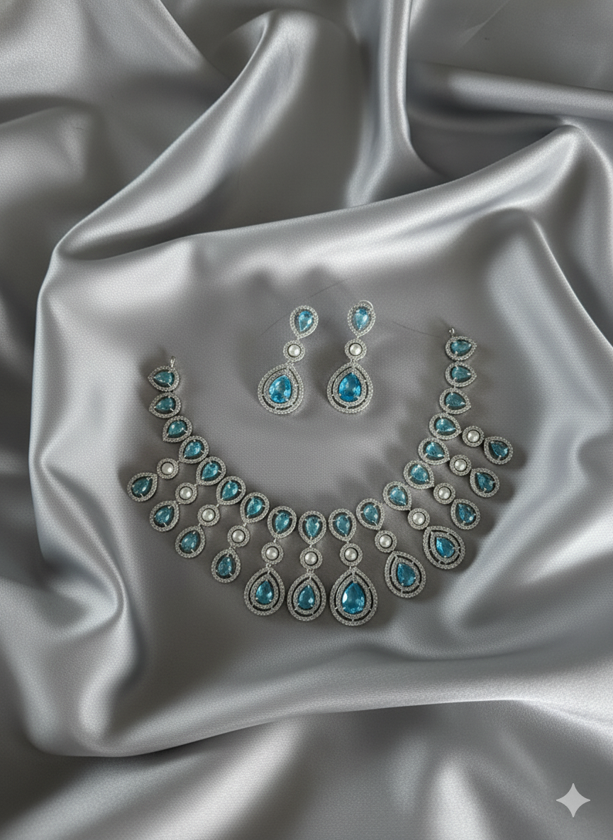 Silver Plated Teardrop Aquamarine & Diamond Halo Necklace Set
